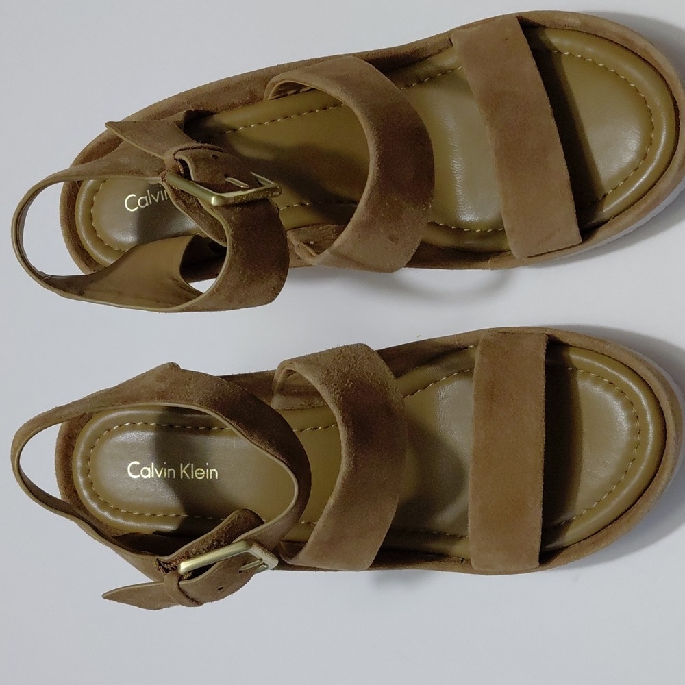 CALVIN KLEIN Women's Hailey Suede  Wedge  Brown Sandals Size 10